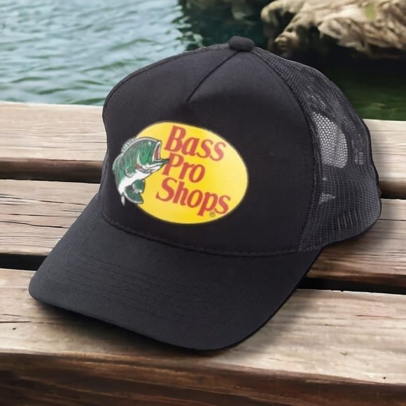 Bass Pro Shops Logo Mesh Trucker Baseball Cap Black Adjustable Hat One Size New - Picture 1 of 1